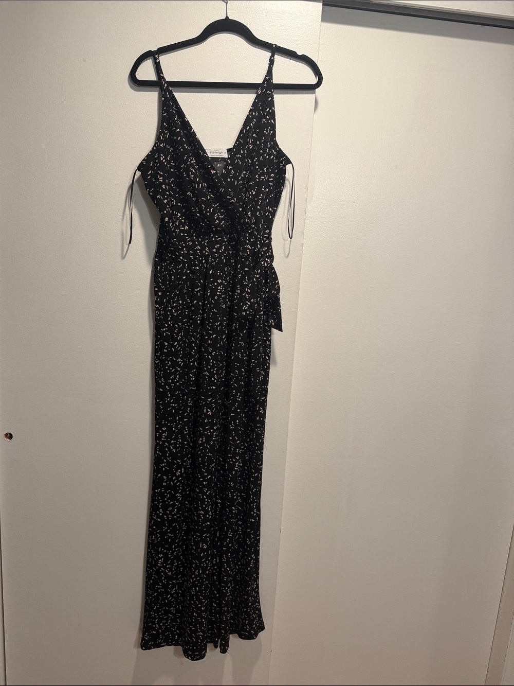 Kaileigh Black romper with White Fleck Print and Tie Waist